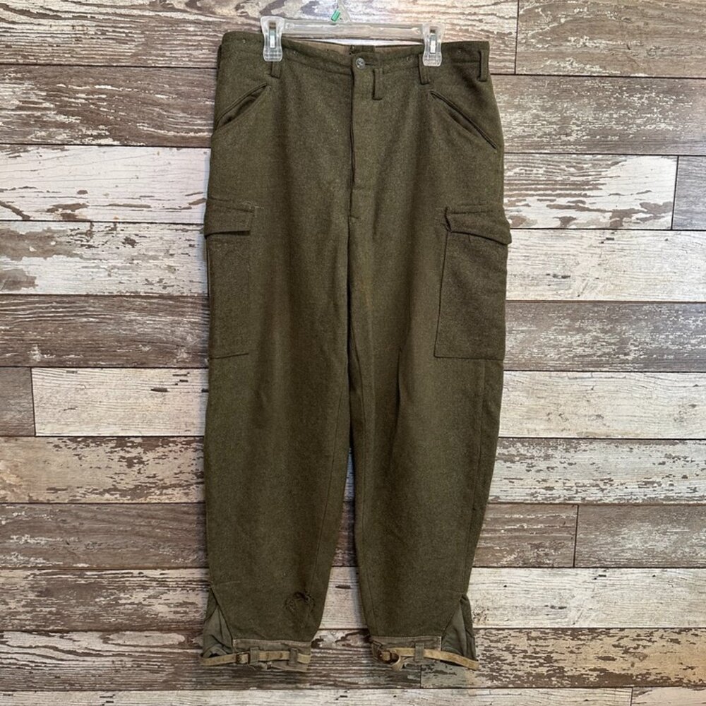 Vintage WWII 40s Wool Military Army Green Cargo Pants w/ Leather Ankle Straps